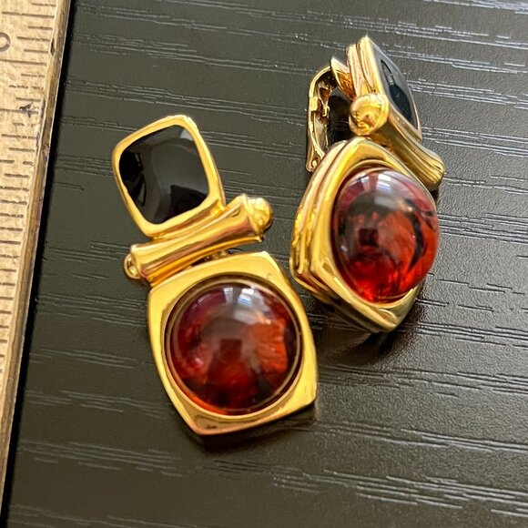 Joan Rivers Jewelry - Joan Rivers Earrings Clip Dangle Vintage Black Faux Amber Cabochons Goldtone